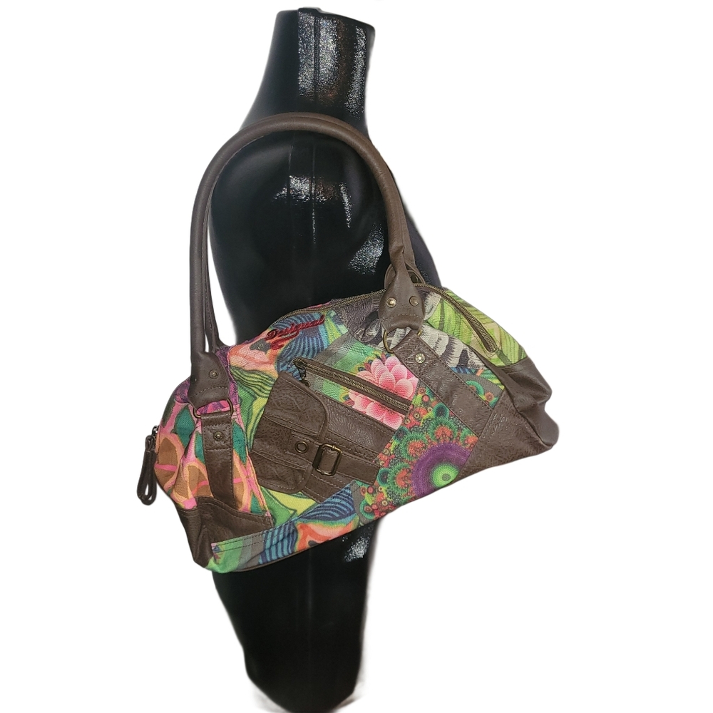 Desigual Colorful Floral Shoulder Bag with Brown Accents
